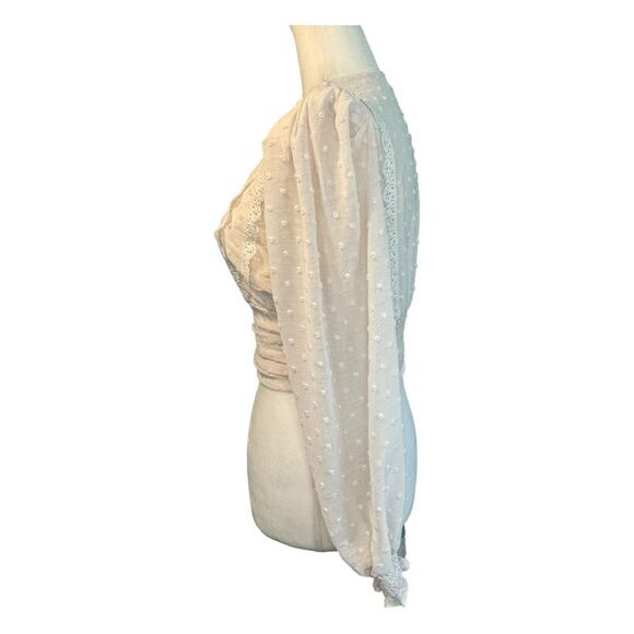Privy Cropped Lace Blouse Cream Sheer Swiss Dots V-Neck Smocked Long Sleeve S - Picture 3 of 8